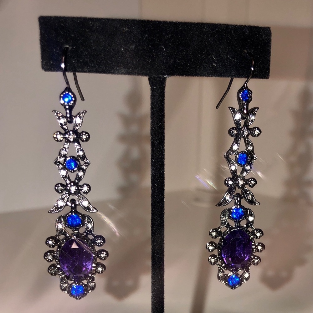 Cobalt blue, purple, & clear crystal drop earrings